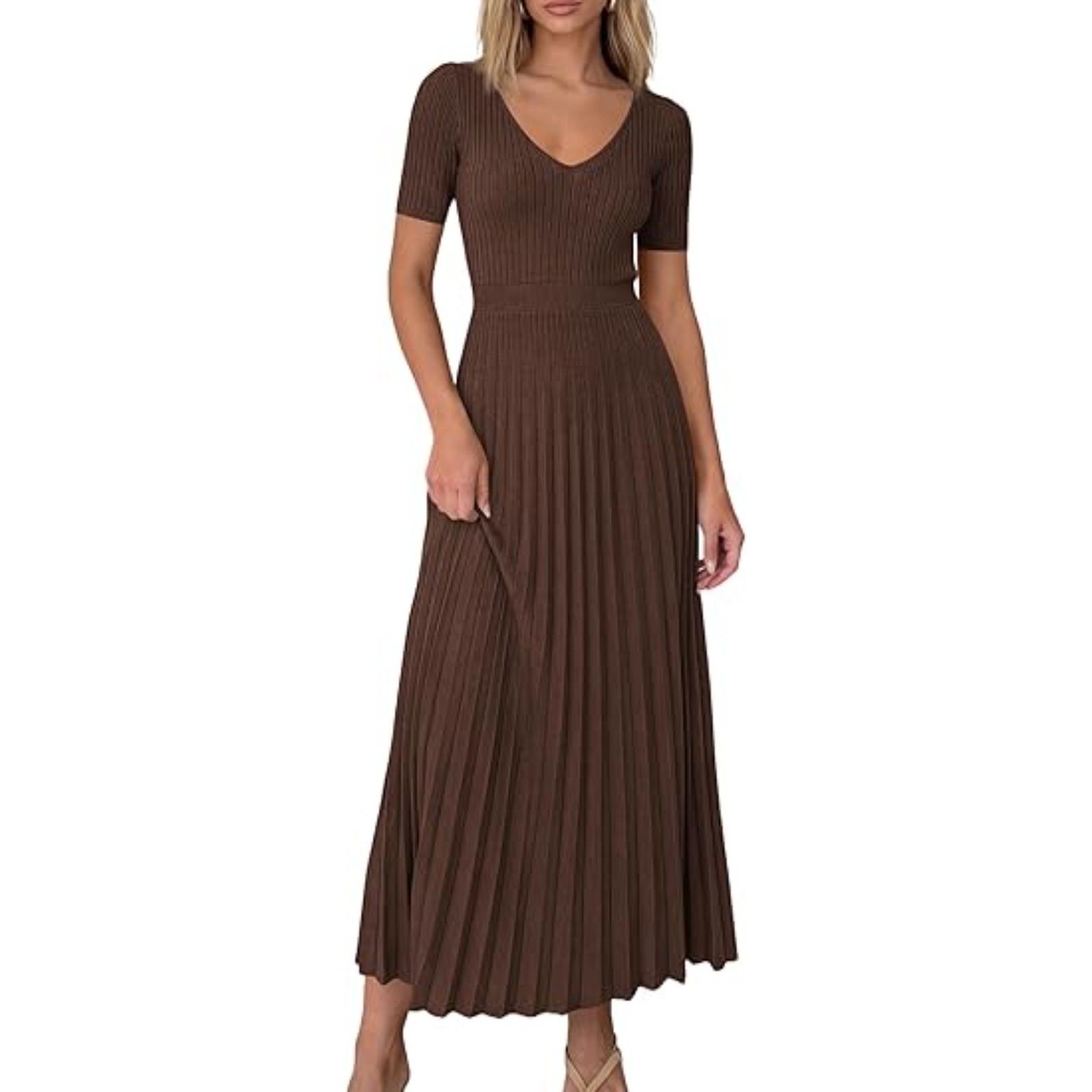 Women's Brown Viscose V Neck Short Sleeve A Line Summer Casual Midi Dress